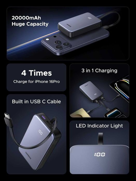 UGREEN 20000mAh 22.5W встроенным кабелем Type-C. Есть доставка