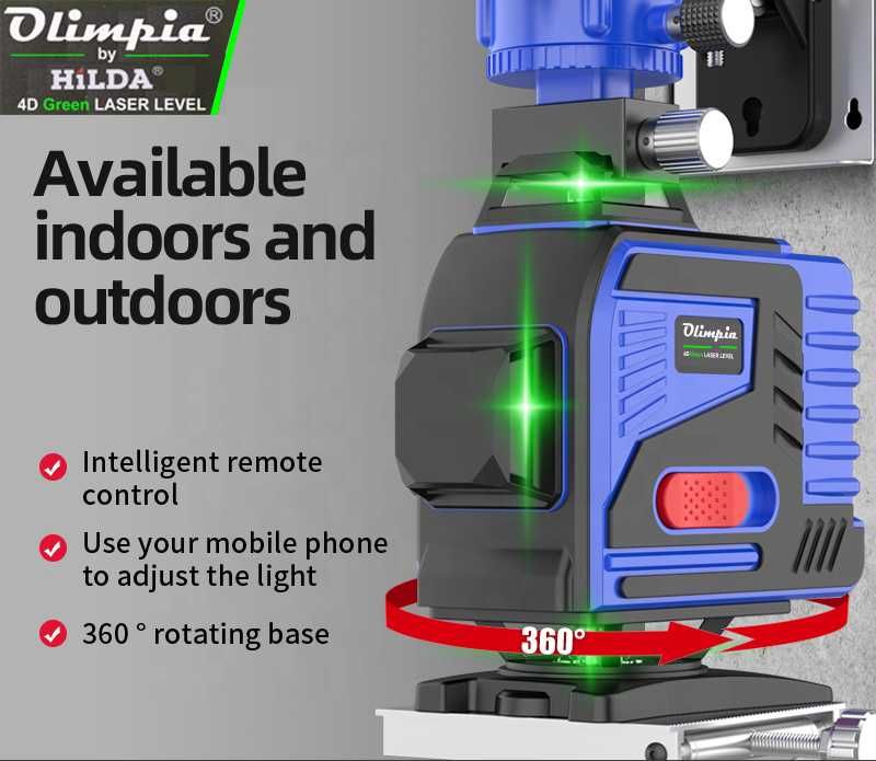 Nivela laser OLIMPIA 4D, 16 linii, laser verde, 2 baterii