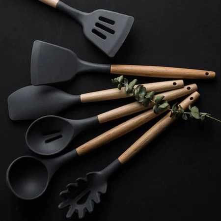 Комплект силиконови прибори за готвене Ruhhy, 12 части с поставка, черни