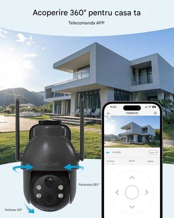 Cameră de supraveghere solară pentru exterior ieGeek 2K 3MP PTZ HD 360 °