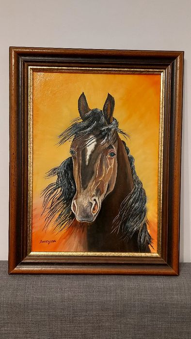 Tablou original în ulei – „Portret de cal” – Semnat de artista Emma Ersek (Cu ramă inclusă)