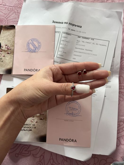 Комплект обеци и пръстен pandora с червено сърце
