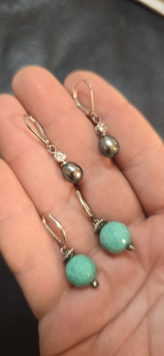 Cercei argint perle negre naturale și turcoaz