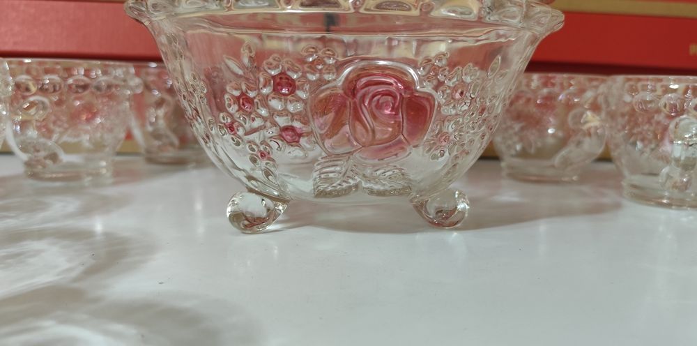 Bol de punch cu set de 12 pahare, cristal roz.