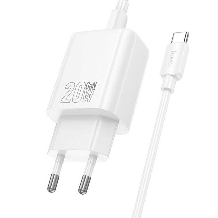 Зарядно за мрежа Hoco N61 / USB A + USB C / 20W PD/QC 3.0 / с кабел Type C към Type C / Бял /