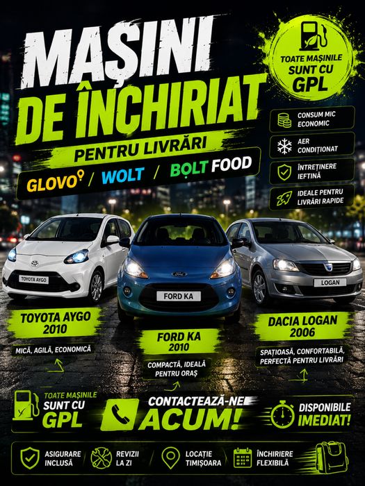 Masini de inchiriat cu gpl pentru ridesharing Timisoara Glovo/Wolt/