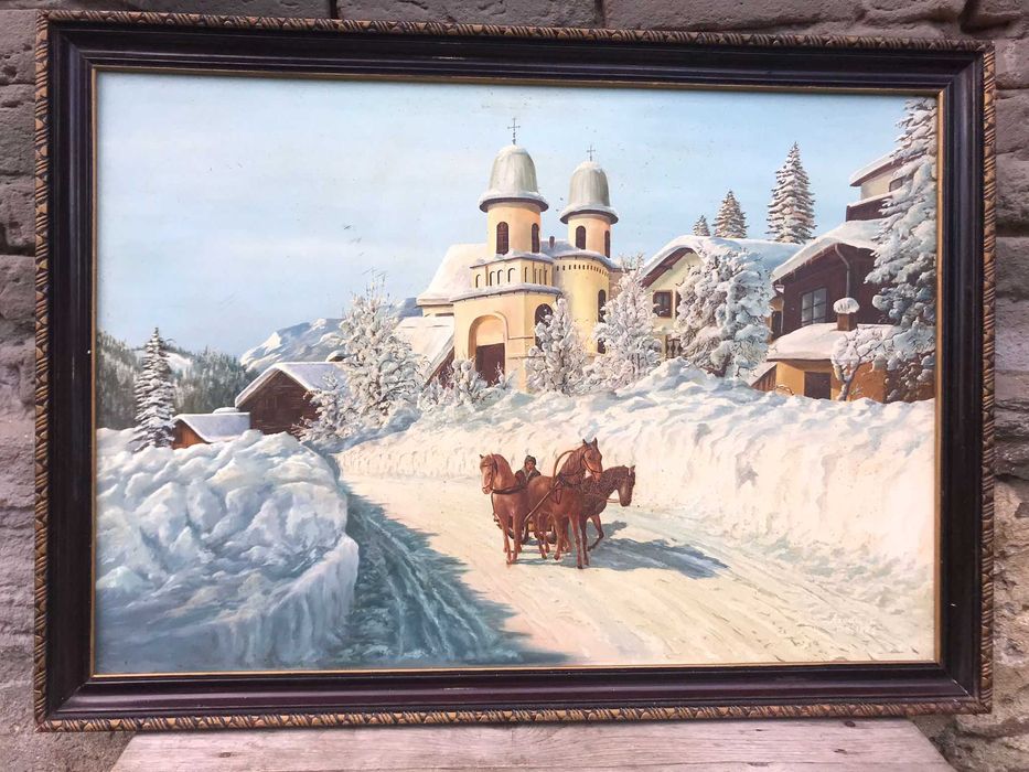 Tablou vechi peisaj iarna - pictura ulei