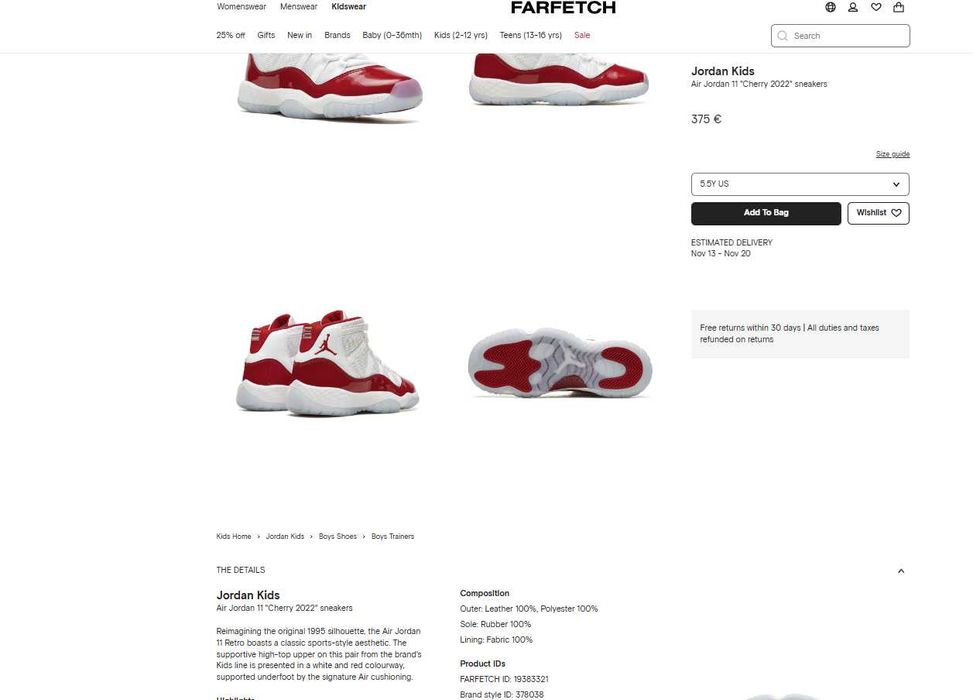 Jordan Kids
Air Jordan 11 "Cherry 2022" sneakers