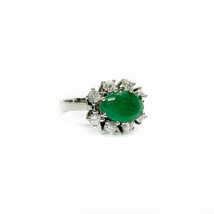 Inel din aur alb 14k cu smarald si diamante naturale