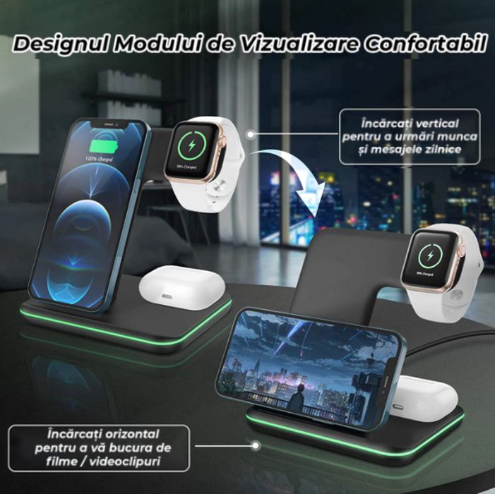 Incarcator Wireless REVOSE™, Statie Incarcare 3 In 1, Cablu inclus