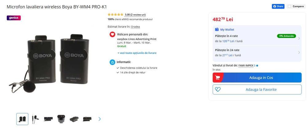 Microfon lavaliera wireless Boya BY-WM4 PRO + Lavaliera Stereo BY-M1