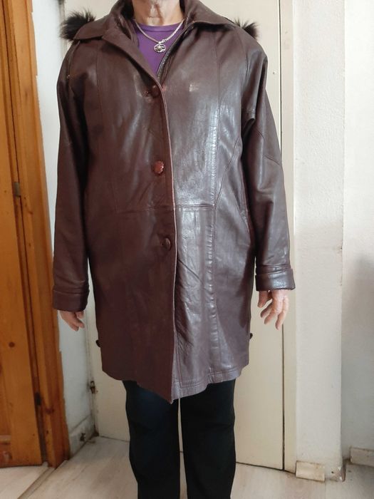 Дамско кожено яке от естествена кожа – XXL, с подплата и качулка