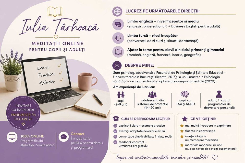 Meditații Online Engleză, Turcă, Română | Copii și Adulți | Psiholog