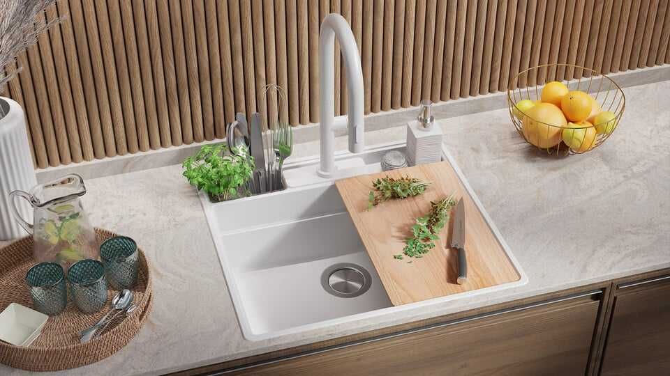 Бяла кухненска мивка от гранит Ню Йорк 60 Multispace 580 x 530 мм