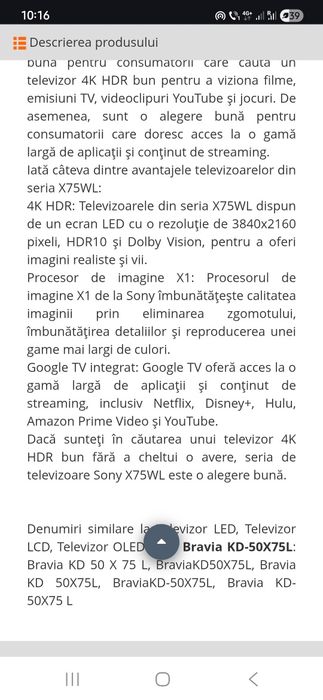 Tv 126 cm Smart SONY 50x75wl BRAVIA android 4k google tv