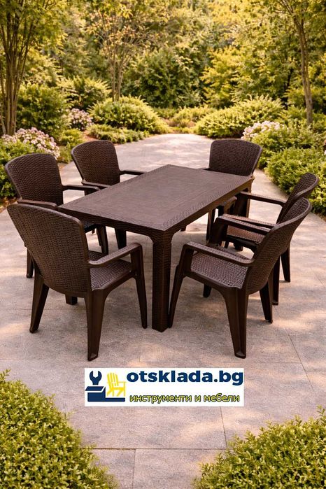 Комплект маса + 6 стола или 4 стола ратан 3 цвята и размери маси мод.1
