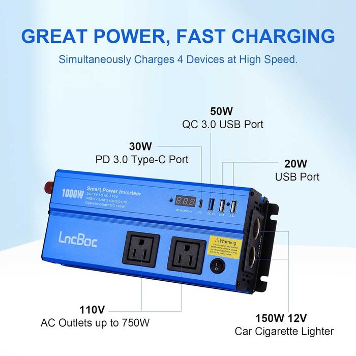 Чисто нов Инвертор LncBoc захранване 1000 W DC 12 V към AC 220 V 240 V