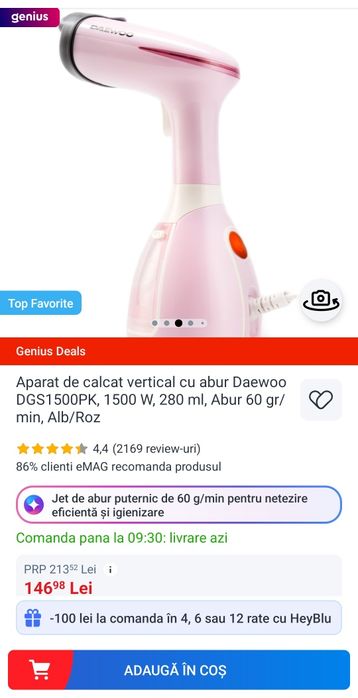 Aparat de calcat vertical cu abur Daewoo DGS1500PK, 1500 W, 280 ml, Abur 60 gr/min, Alb/Roz