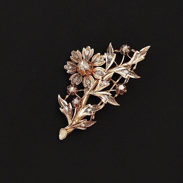 brosa antique, aur 18k, diamante, certif.