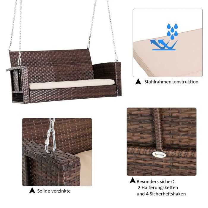 Висяща пейка Outsunny, градинска люлка с 2 места, ратанова