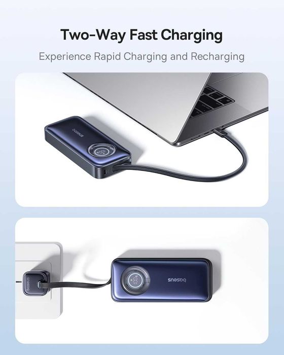 Baseus външна батерия 20 000 mAh вграден прибиращ се USB-C кабел, 67 W
