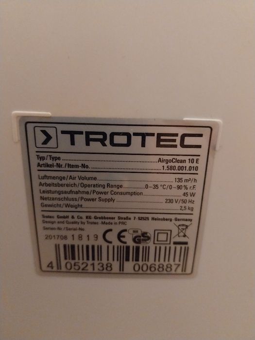 Air Cleaner Trotec , filtru G3 - purificator aer