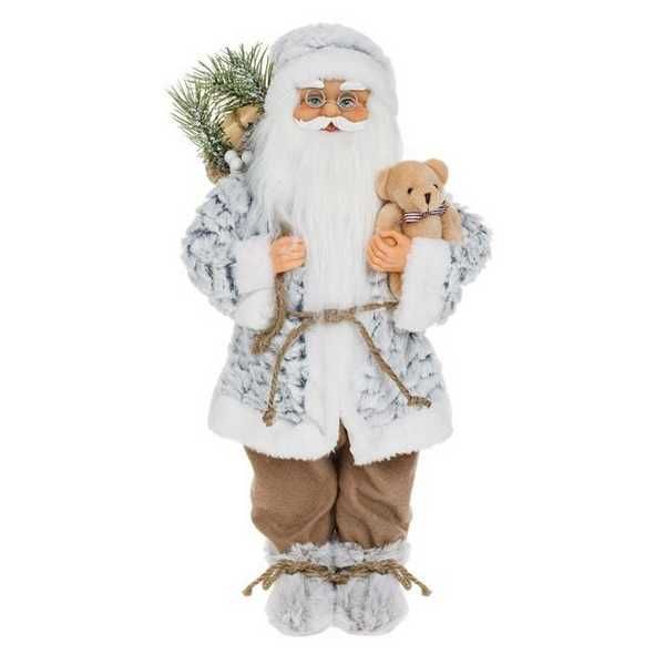 Коледна реалистична фигура Дядо Коледа Сиво палто и плюшено мече, 45см