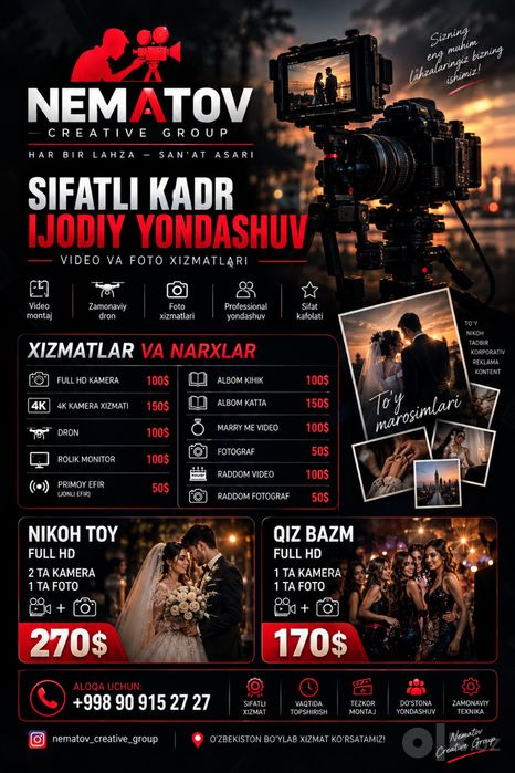 To‘y va tadbirlar uchun videograf | Foto + Video | 4K