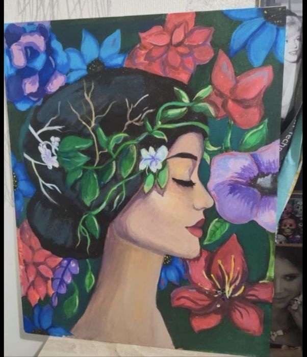 картина девушки с цветами