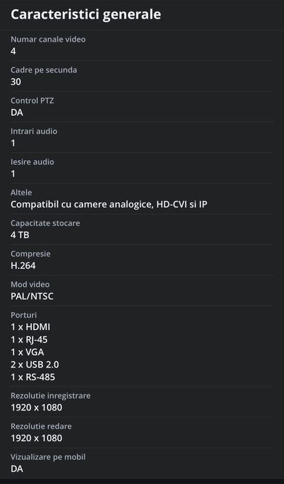 DVR 4 canale Dahua + 4 camere noi + alimentatoare