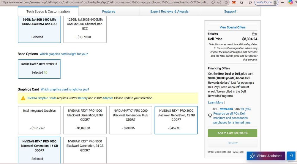 Dell Pro Max 16 Plus NVIDIA RTX PRO 4000 2TB SSD 96GB UHD+500 NITS NOU