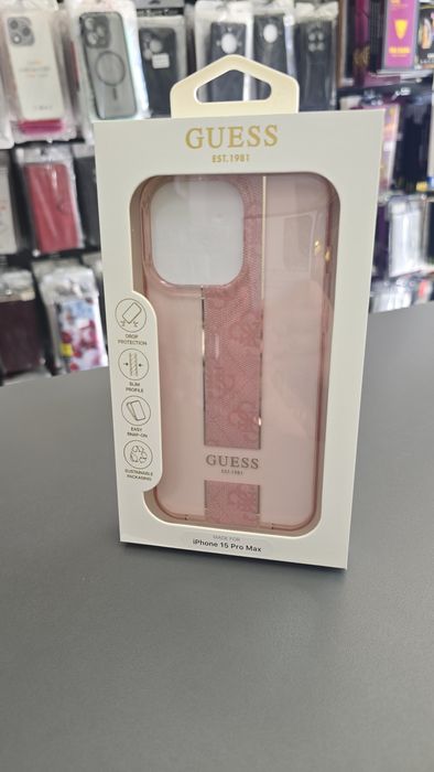 Силиконов гръб GUESS за iPhone 15 Pro Max луксозен кейс в розово за айфон 15 про макс