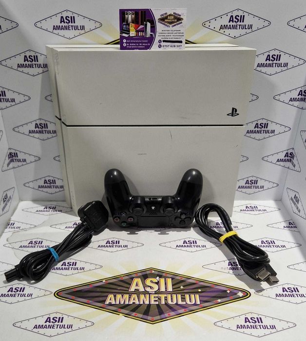 Asii Amanetului - Consola PlayStation 4 (PS4) Fat Alba, model CUH-1116A cu o maneta, cablu HDMI, cablu alimentare