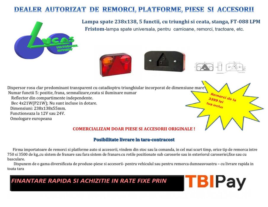 Lampa Spate 238x138, 5 Functii, Cu Triunghi Si Ceata, Universala,