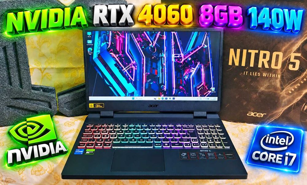 NVidia RTX 4060 8GB/Intel Core i7-12650H/16GB RAM/1024GB SSD/15.6 144hz FHD+ IPS/Acer Predator Nitro 15 rgb keyboard gaming laptop геймърски лаптоп