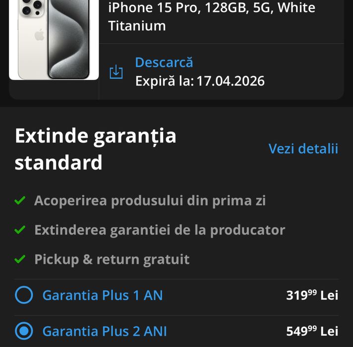 Vand sau schimb Iphone 15 pro 128 white garantie emag 88% baterie