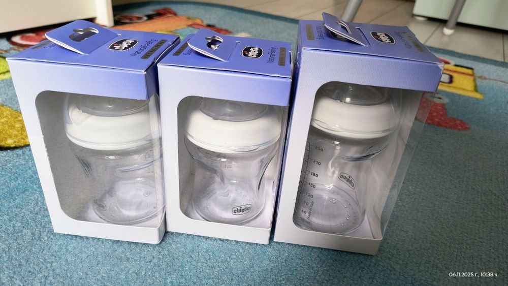 Стъклени шишета Chicco Natural feeling, 0+ месеца, 3 броя