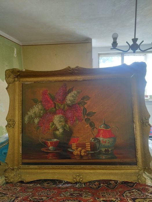 Tablou ulei pe pânză cu ramă ornamentată – natură statică