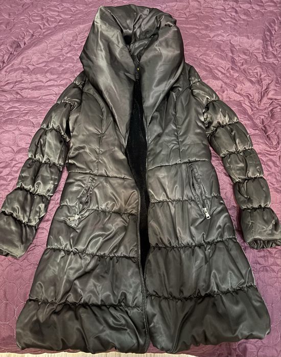 Дамско, черно, дълго яке с колан, зимно