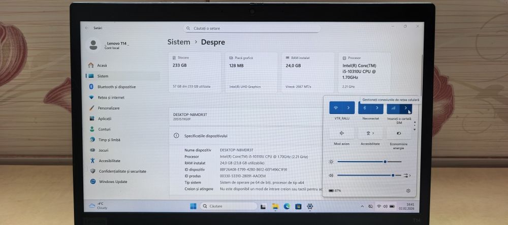 Laptop Lenovo ThinkPad T14_i5 10310U_24GB DDR4_4-5h Bateria_cu SIM 4G