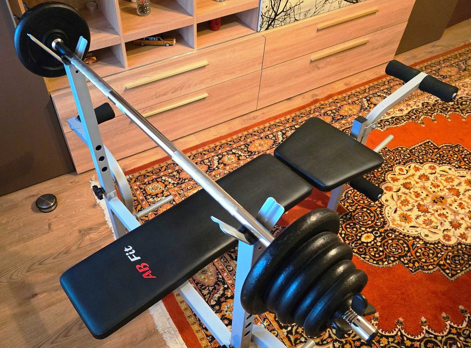 Banca exercitii + haltera cu greutati fonta 25 kg