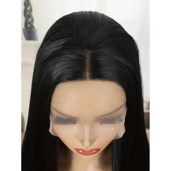 80 см Дантелена черна права перука от висококачествен синтетичен косъм