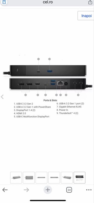 Docking station Dell WD22TB4, Thunderbolt, 180W, Gigabit Ethernet