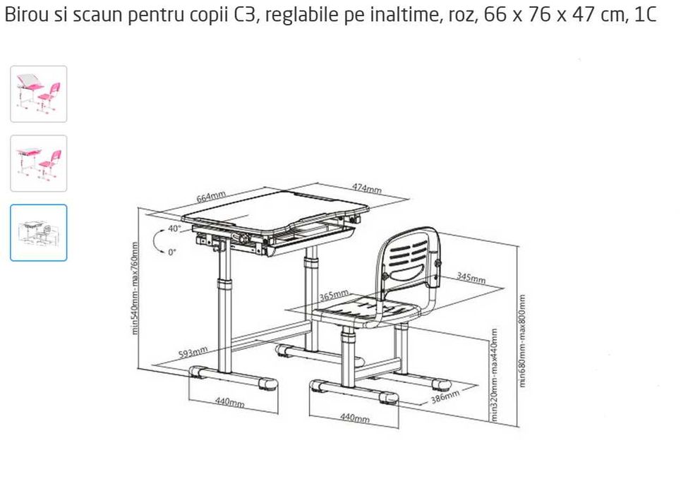 Birou Cu Scaunel Pentru Copii Reglabil Pe Inaltime ROZ