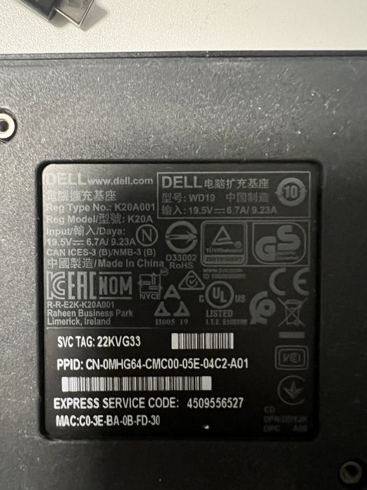 Dell Docking Станция WD19 Thunderbolt - 180W