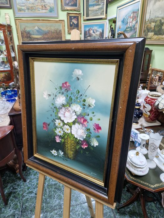 Прекрасна антикварна авторска картина масло платно натюрморт