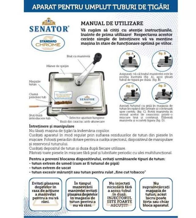 Aparat injectat tuburi tigari cu manivela - Senator Standard CHROME (8,0 mm)