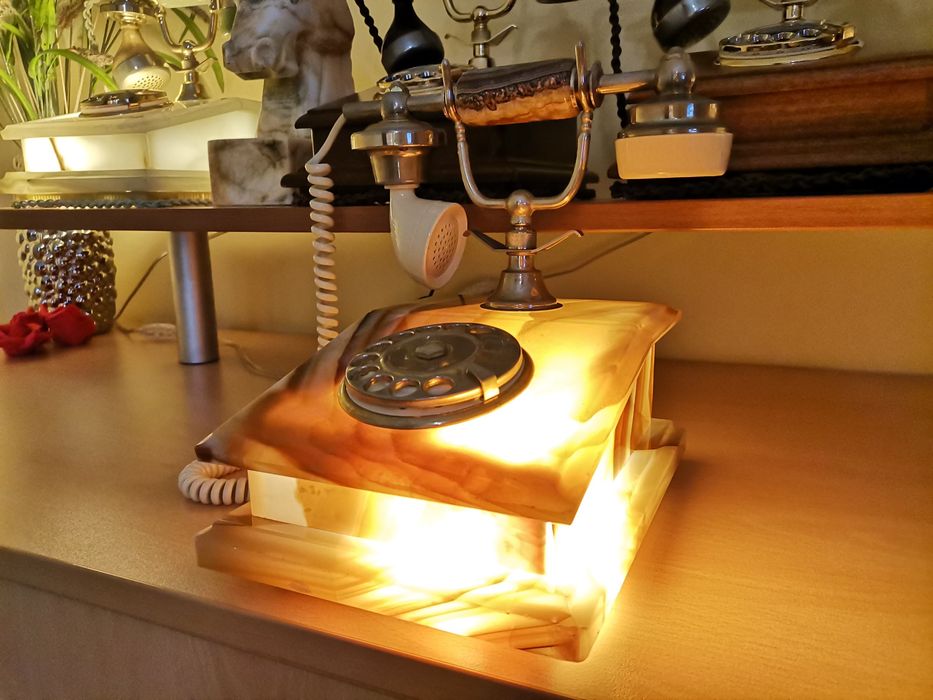 Нощна лампа Старинен ретро домашен телефон от бронз, мрамор и дърво