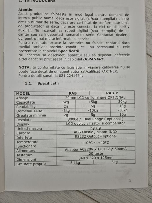 Vand cantar marca model RAB15 Partener