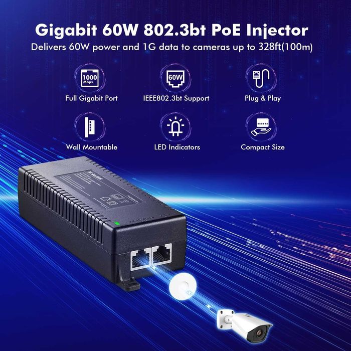 MokerLink Gigabit PoE Injector,802.3af/at/bt 60W,10/100/1000Mbps Ether